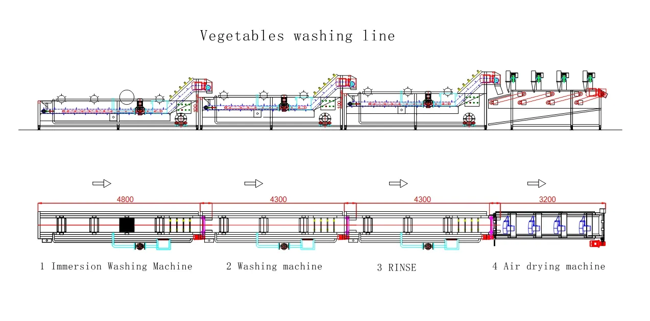 Vegetable salad washing line layout design with washing and air drying machines