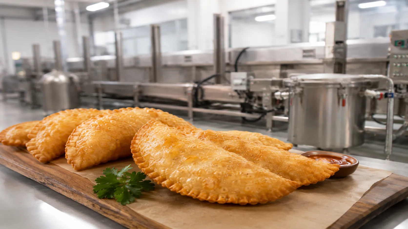 Golden fried Chebureki produced by continuous fryer