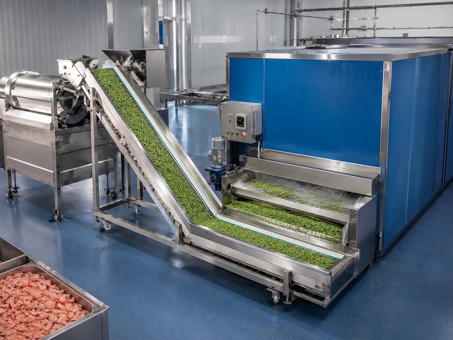 IQF freezing line output section for individually frozen peas