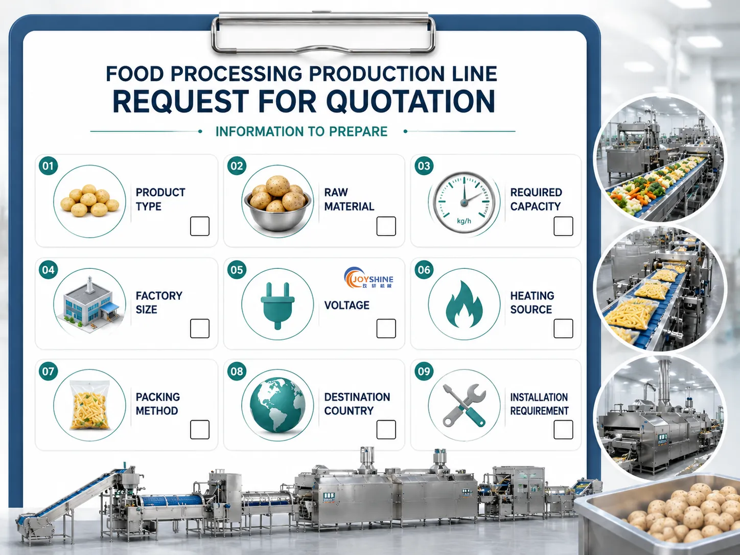 Food processing production line quotation checklist with product type raw material capacity factory size voltage and packing method