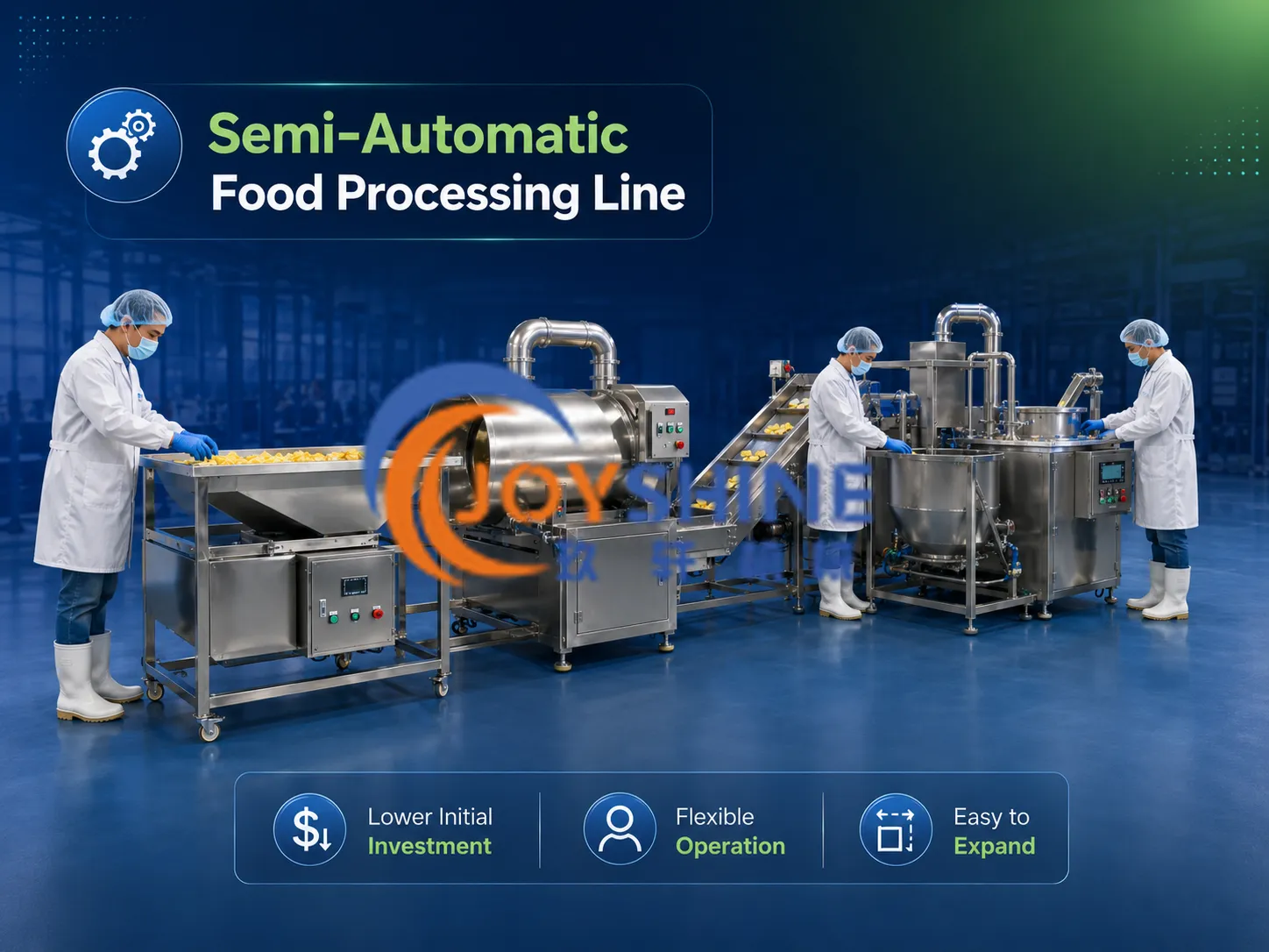 Semi-automatic food processing line with workers