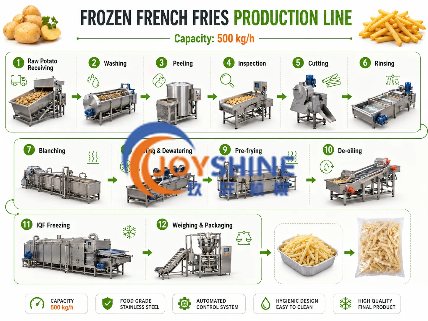 Frozen French fries production process flow from raw potato to packaging
