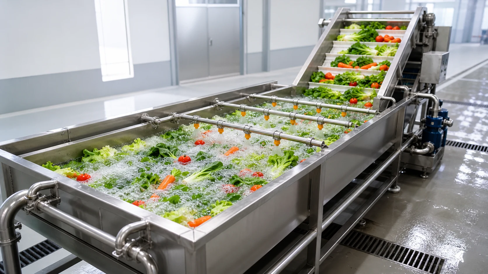 bubble washing and spray lifting section for vegetables