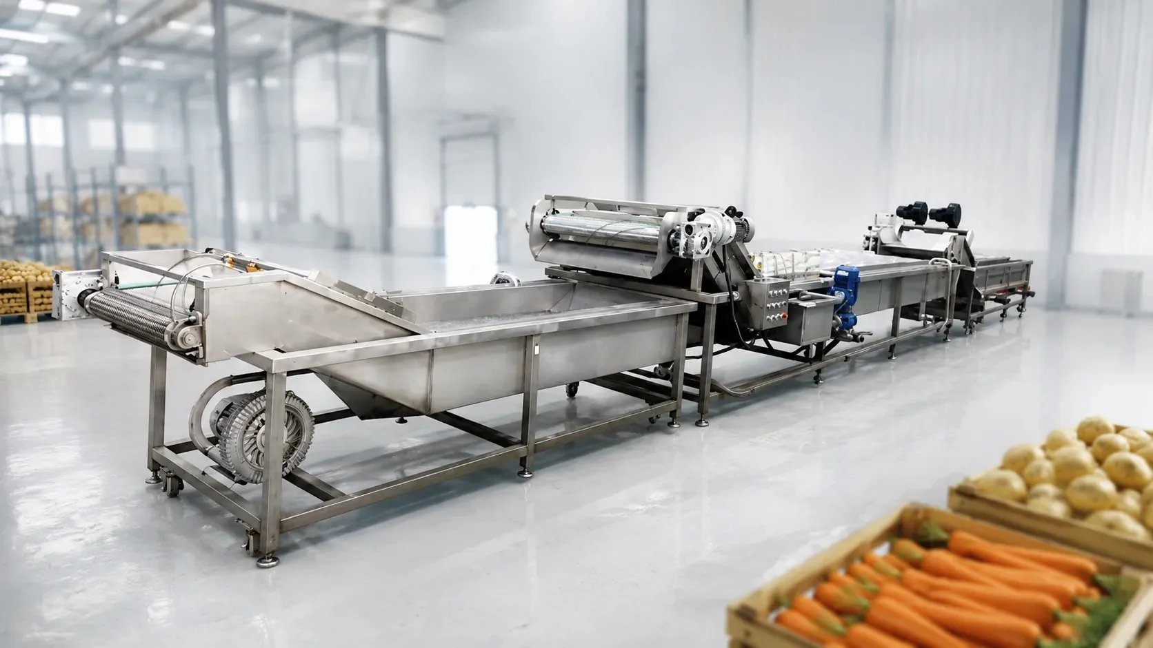 Industrial washing and processing equipment in a hygienic food factory