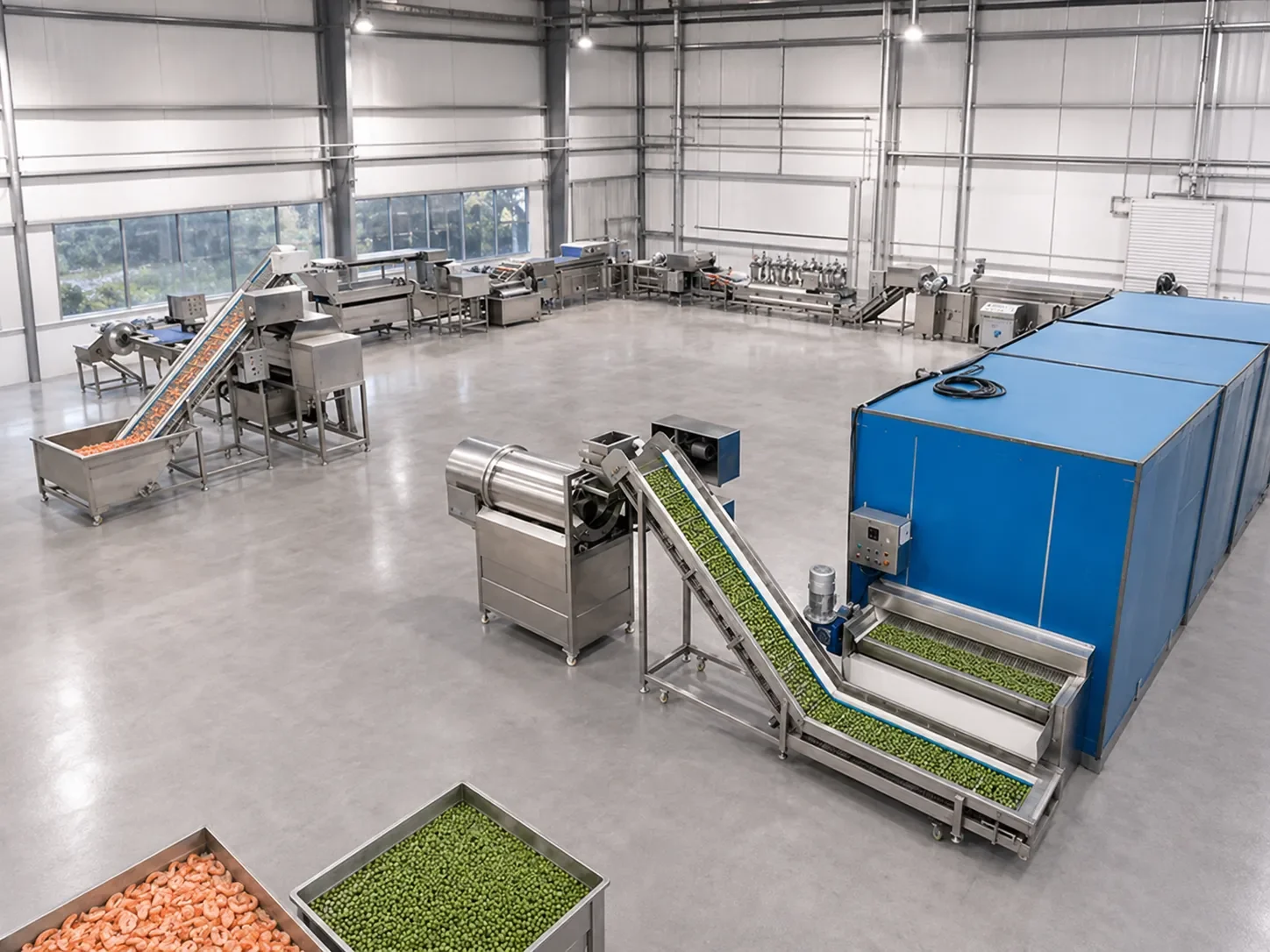 IQF freezing line inlet conveyor and feeding section
